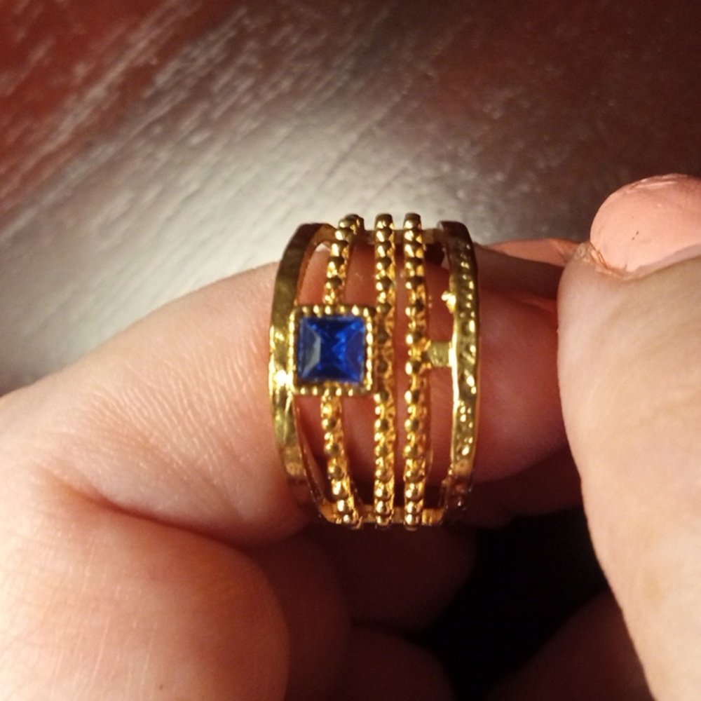 Multilayer Gold Tone Ring With Blue Stone
